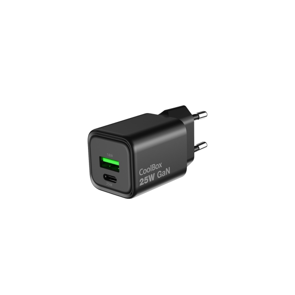 CoolBox Cargador GAN 25W - 1xUSB-C - 1xUSB-A - Carga Rapida 3.0 - Power Delivery - Color Negro