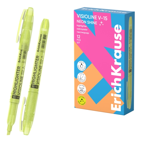 ErichKrause Visioline V-15 Neon Shine Marcador Fluorescente - Punta Biselada - Trazo de 0.6 a 3.5mm - Color Amarillo · Pack de 12 uds.