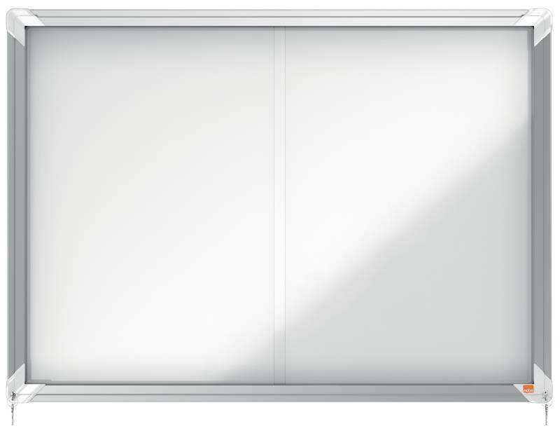 Nobo Vitrina Interior para 8 Hojas A4 con Superficie Magnetica y Puerta Deslizante - 689x972x54mm - Superficie Blanca Metalica y Magnetica de Borrado en Seco - Marco de Aluminio - Puertas de