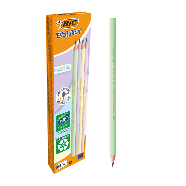 Bic Evolution Pastel Lapiz de Grafito Hexagonal - Mina HB Ultrarresistente - Sin Madera - No se Astilla - Colores Pastel · Pack de 12 uds.