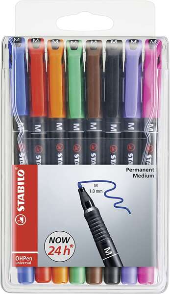 Stabilo OHPen Pack de 8 Rotuladores Permanentes - Punta Media - Trazo de 1mm - Agarre Antideslizante - Tapon Ventilado - Colores Surtidos