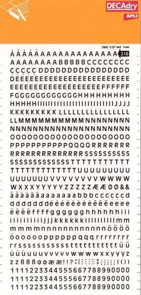 Apli Letras y Numeros Transferibles Super 4mm - 706 Caracteres - Negros Intensos