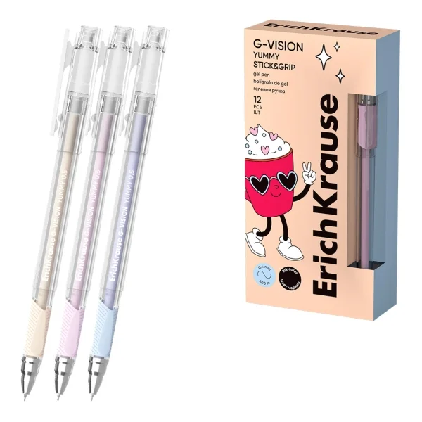 ErichKrause G-Vision Stick and Grip Yummy Boligrafo con Capuchon - Modelos Surtidos - Trazo 0.4mm - Tinta de Gel - Resistente al Agua - Agarre de Goma - Secado Rapido - Tapa Ventilada - Color Negro · Pack de 12 uds.