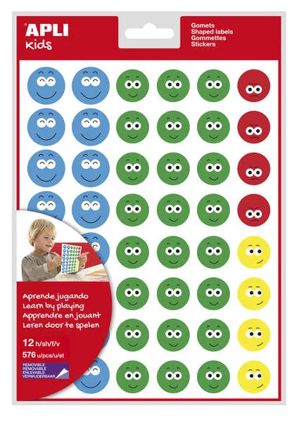 Apli Gomets Cara Feliz Ii - 576 Gomets por Bolsa - 4 Estilos de Cara Diferentes - Motivan y Premian a los Niños - Enseñan a Expresar Sentimientos - Adhesivo Base Agua - Libre de Disolventes · Pack de 5 uds.