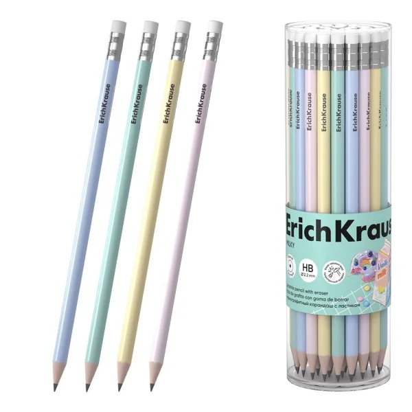 ErichKrause Milky Lapiz de Grafito con Goma de Borrar - Mina HB - Cuerpo Redondo - Agarre Ergonomico - Colores Surtidos · Pack de 42 uds.