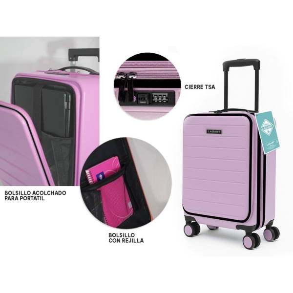 Lagart Maleta Trolley Pocket de Cabina Rigida 20” 55x34x25cm - Compartimento Frontal Acolchado para Portatil - Cierre TSA - Ruedas Dobles 360º - Color Rosa Pastel