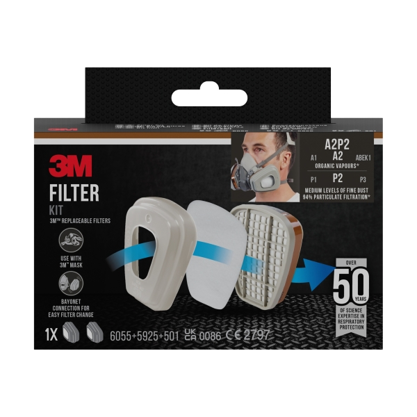 3M Filtros de Repuesto para Mascara de Media Cara - Proteccion Contra Vapores Organicos A2 - Proteccion Contra Nivel Medio de Particulas P2 - Color Gris