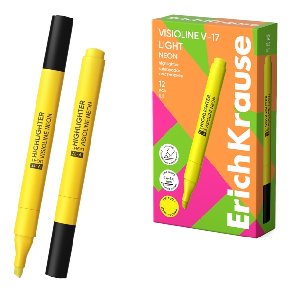 ErichKrause Visioline V-17 light Neon Marcador Fluorescente - Punta Biselada - Trazo de 0.6 a 3.0mm - Color Amarillo · Pack de 12 uds.