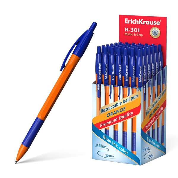 Erichkrause R-301 Naranja Matic&Grip Boligrafo Retractil - Punta de 07mm - Trazo de 0.35mm - Grip de Goma - Tinta de Secado Rapido - Color Azul · Pack de 50 uds.
