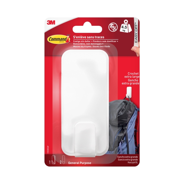 Command Gancho para Objetos Pesados - 2 Tiras Adhesivas - Extragrande - Soporta hasta 4.5kg - Color Blanco