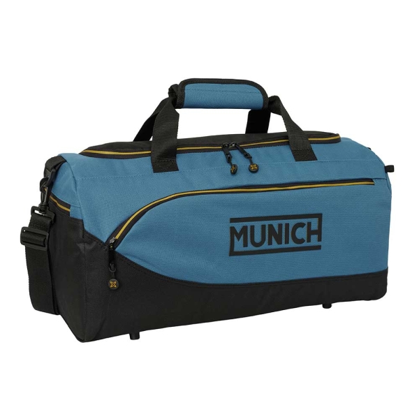 Safta Munich Bolsa de Deporte - Bandolera Ajustable - Bolsillos Laterales y Frontal - Fondo Semirigido Extraible - Cremallera con Doble Tirador - Tacos en la Base - 50x25x25cm - Color Negro y Azul