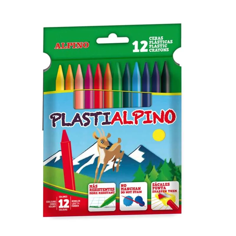 Alpino PlastiAlpino Pack con 12 Ceras para Niños - Material Resistente - No Manchan - Colores Brillantes - Colores Surtidos