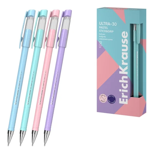 ErichKrause ULTRA-30 Stick and Grip Pastel Boligrafo con Capuchon - Modelos Surtidos - Trazo 0.26mm - Zona de Agarre de Goma - Tinta de Baja Viscosidad - Tapa Ventilada - Color Azul · Pack de 12 uds.