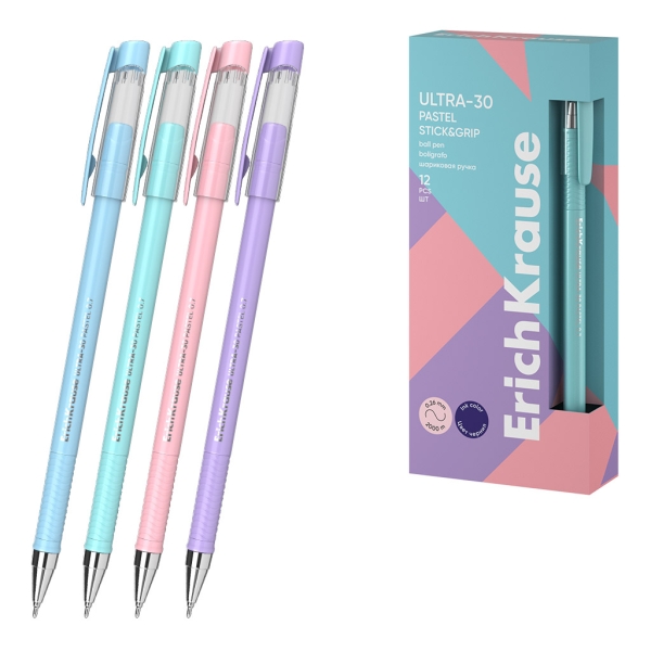 ErichKrause ULTRA-30 Stick and Grip Pastel Boligrafo con Capuchon - Modelos Surtidos - Trazo 0.26mm - Zona de Agarre de Goma - Tinta de Baja Viscosidad - Tapa Ventilada - Color Azul · Pack de 12 uds.