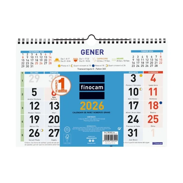 Finocam Calendario de Pared en Catalan - Anual 2026 - Formato M - 300x10x220mm - Numeros Grandes - Color Azul y Blanco