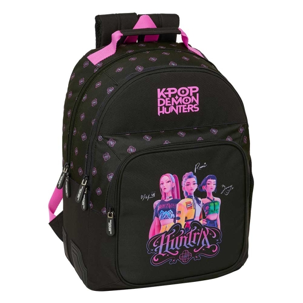 Safta K-Pop Demon Hunters Mochila - Adaptable a Carro - Bolsillo Frontal - Portabotellas - Cremallera con Doble Tirador - Asa de Mano - Hombreras y Espalda Acolchada - 32x42x15cm - Color Negro y Rosa