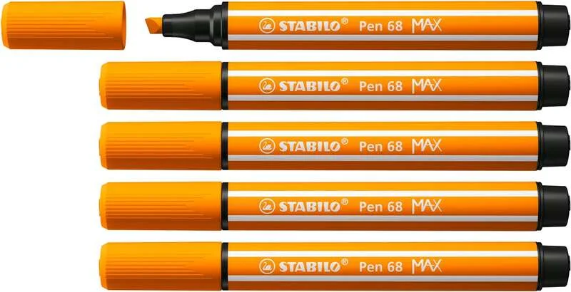 Stabilo Pen 68 MAX Rotulador - Punta de Fibra Biselada - Trazo entre 1-5mm aprox. - Tinta a Base de Agua - Color Naranja · Pack de 5 uds.