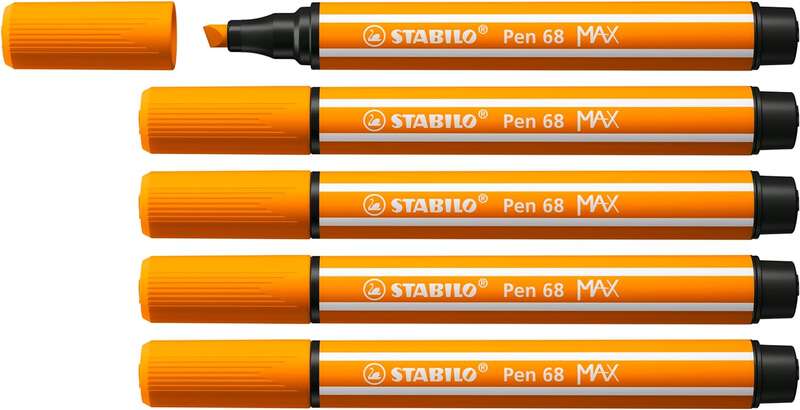Stabilo Pen 68 MAX Rotulador - Punta de Fibra Biselada - Trazo entre 1-5mm aprox. - Tinta a Base de Agua - Color Naranja · Pack de 5 uds.