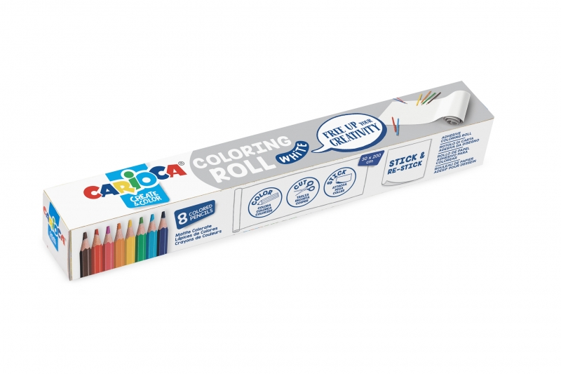 Carioca Coloring Roll White Rollo de Papel Adhesivo para Colorear + 8 Lapices de Colores Surtidos - Aplicable en Superficies Verticales u Horizontales - Reutilizable sin Residuos