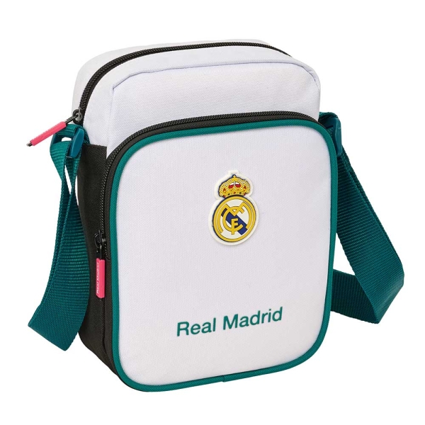 Safta Real Madrid Equipacion 26/27 Bolsito con Bandolera Ajustable - Cierre con Cremallera - Compartimento Trasero con Velcro - Bolsillo Frontal - 16x22x6cm - Color Blanco y Negro