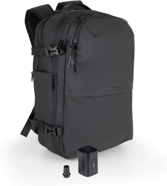 Tooq Mochila de Viaje de 55L - Espalda y Asas Acolchadas - Compresion al Vacio - Incluye Bomba de Aire y Accesorios - Resistente al Agua - Multiples Compartimentos - 49x37x21cm - Color Negro