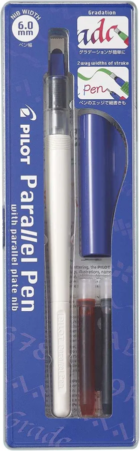 Pilot Pack de Pluma Estilografica Parallel Pen 6.0mm - Punta de Acero - Trazo de 6.0mm - 2 Recargas - Color Negro/Rojo