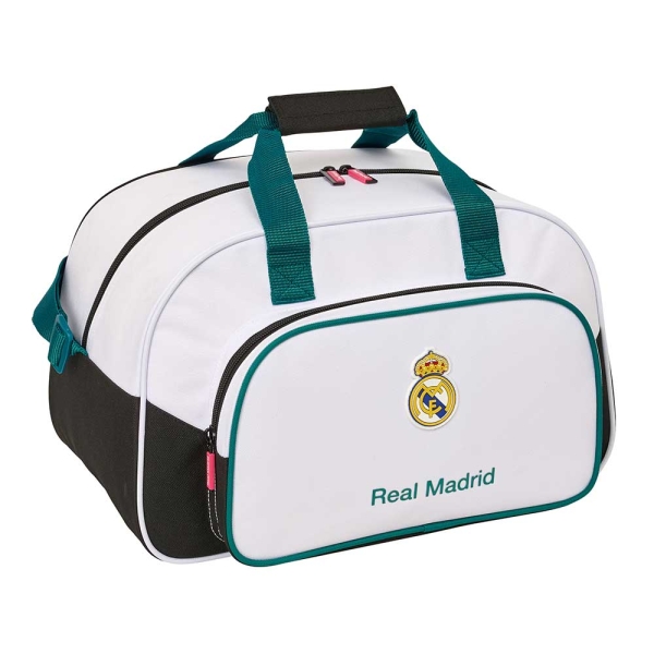 Safta Real Madrid Equipacion 26/27 Bolsa de Deporte - Bandolera Ajustable - Bolsillo Frontal - Cremallera con Doble Tirador - Tacos en la Base - 40x24x23cm - Color Blanco y Negro