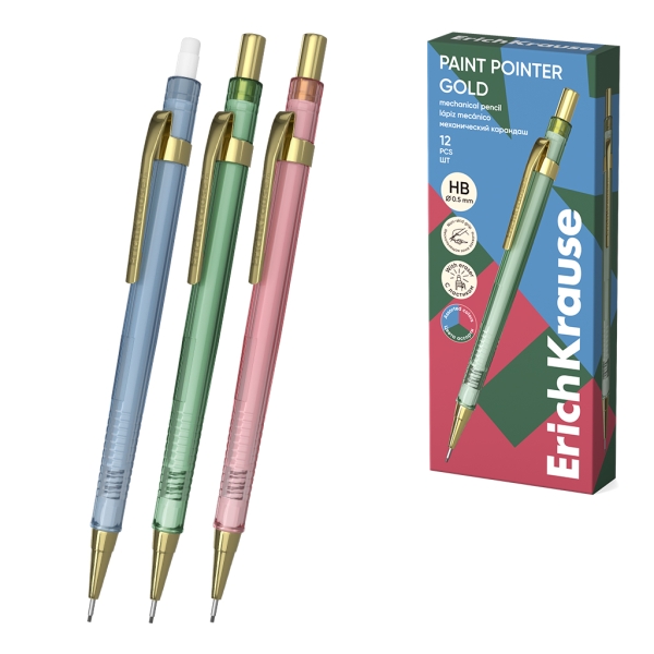 ErichKrause Paint Pointer Gold Portaminas - Mina HB de 0.5mm - Goma de Borrar Integrada - Colores Surtidos · Pack de 12 uds.