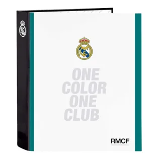 Safta Real Madrid Equipacion 26/27 Carpeta de 4 Anillas de 40mm - Formato Folio - Tapas Duras Forradas - Lomo Ancho - 27x33x6cm - Color Blanco y Negro