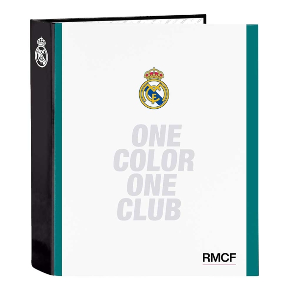 Safta Real Madrid Equipacion 26/27 Carpeta de 4 Anillas de 40mm - Formato Folio - Tapas Duras Forradas - Lomo Ancho - 27x33x6cm - Color Blanco y Negro