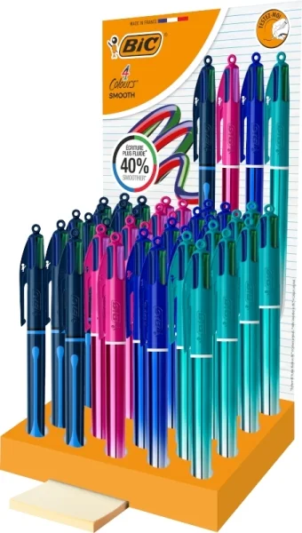 Bic 4 Colours Smooth Gradient y Drop Expositor de 36 Boligrafos de Bola Retractil - Punta Media de 1.0mm - Escritura un 40% mas Suave - 4 Colores