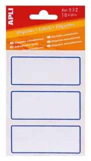 Apli Etiquetas Adhesivas Escolares Basicas - Tamaño 78x34mm - 6 Hojas (18 Etiquetas) - Adhesivo Permanente de Alta Calidad - Color Blanco con Ribete Azul · Pack de 10 uds.