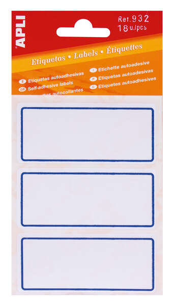 Apli Etiquetas Adhesivas Escolares Basicas - Tamaño 78x34mm - 6 Hojas (18 Etiquetas) - Adhesivo Permanente de Alta Calidad - Color Blanco con Ribete Azul · Pack de 10 uds.