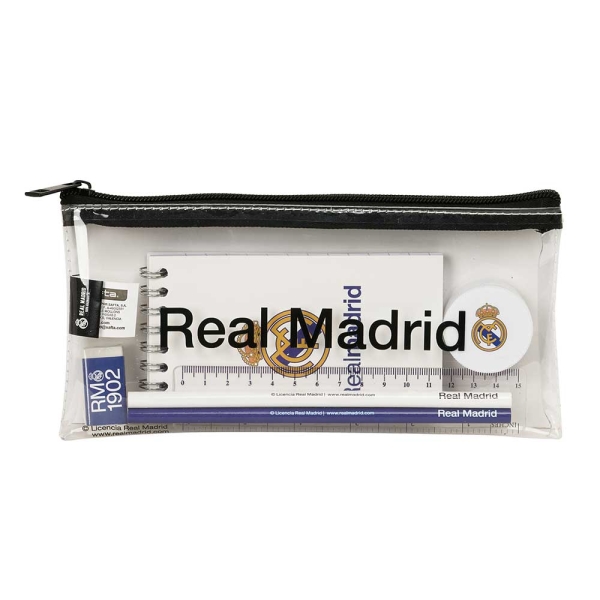 Safta Real Madrid Equipacion 26/27 Portatodo - Cremallera - PVC - Regla de 15cm - 2 Lapices - Sacapuntas - Goma - Bloc de Notas de 70 Hojas - 22.5x10.5x1cm - Color Negro y Transparente