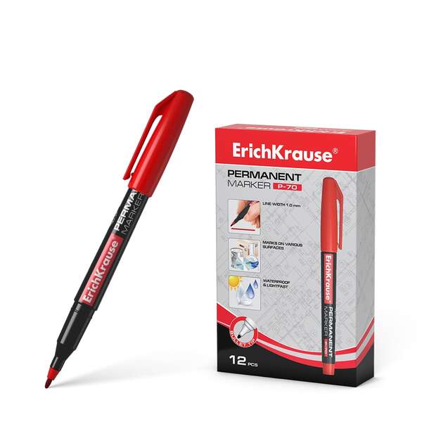 Erichkrause Marcador Permanente P-70 - Punta de Bala de 1.0mm - Resistente al Agua y a La Luz - Color Rojo · Pack de 12 uds.