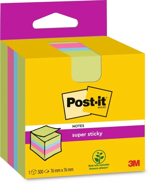 Post-It Super Sticky Cubo de 300 Notas Adhesivas Reposicionables - 76x76mm - 100% PEFC - Colores Surtidos