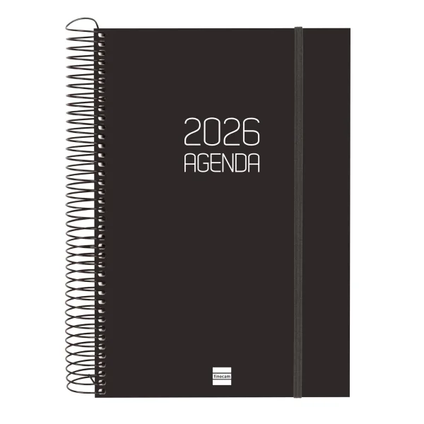 Finocam Opaque Agenda de Espiral en Catalan - Anual 2026 - Tapa Ligera - Cierre con Goma Elastica - Formato E11 - 175x29x242mm - 1 Dia por Pagina - Color Negro