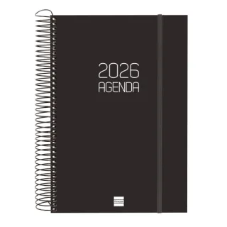 Finocam Opaque Agenda de Espiral en Catalan - Anual 2026 - Tapa Ligera - Cierre con Goma Elastica - Formato E11 - 175x29x242mm - 1 Dia por Pagina - Color Negro