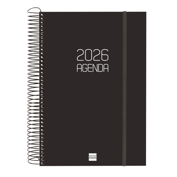 Finocam Opaque Agenda de Espiral en Catalan - Anual 2026 - Tapa Ligera - Cierre con Goma Elastica - Formato E11 - 175x29x242mm - 1 Dia por Pagina - Color Negro