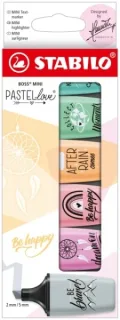 Stabilo Boss Mini Pastellove Pack de 6 Marcadores Fluorescentes - Trazo entre 2 y 5mm - Tinta con Base de Agua - Antisecado - Colores Rosa, Fucsia, Naranja, Verde, Gris, y Turquesa