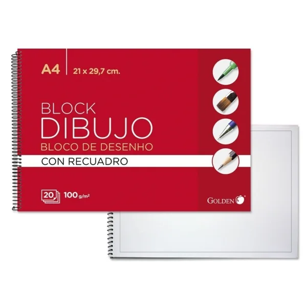 Golden Cuaderno de Dibujo Espiral A4 20 Hojas con Recuadro Interior - Papel de 100gr