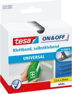 Tesa On & Off Cinta de Velcro 20mm x 2.5m - Se puede Abrir y Cerrar hasta 10.000 Veces - Color Blanco