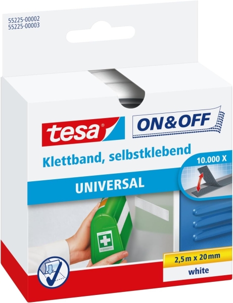 Tesa On & Off Cinta de Velcro 20mm x 2.5m - Se puede Abrir y Cerrar hasta 10.000 Veces - Color Blanco