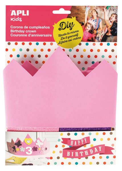 Apli Kids Corona de Cumpleaños de Goma EVA - Incluye Numeros Adhesivos del 0 al 9 y 24 Formas de Goma EVA Adhesiva con Purpurina - Ajustable y Reversible - Color Rosa · Pack de 5 uds.