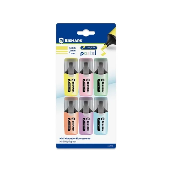 Bismark Long-Life Pack de 6 Mini Marcadores Fluorescentes Pastel - Tinta de Secado Rapido - Punta Biselada - Ideal para Subrayar y Resaltar - Diseño Ergonomico - Alta Durabilidad