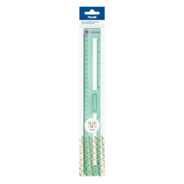 Milan New Look Regla de 30cm - Plastico Rigido - Transparente - Centimetros y Pulgadas - Color Verde