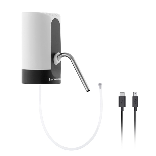 Innovagoods Dispensador de Agua Automatico - Libre de BPA - Recargable USB - Compatible con Garrafas - Incluye Adaptador - Bateria 1200mAh - 7x13x16cm - Color Blanco y Negro