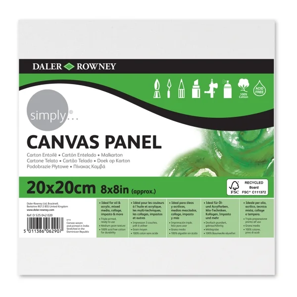 Daler Rowney Simply Carton Entelado - 250g - 20x20cm - Imprimacion Triple - Grano Medio - 100% Algodon sin Acido - 250g - Color Blanco
