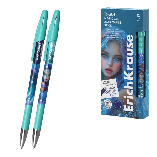 ErichKrause R-301 Magic Gel Stick Aquamarine Boligrafo Borrable - Modelos Surtidos - Trazo 0.4mm - Tinta de Gel - Resistente al Agua - Secado Rapido - Color Azul · Pack de 12 uds.