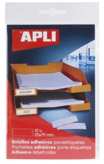 Apli Bolsillos Adhesivos para Etiquetas - Tamaño 25x75mm - Cambia la Informacion de la Etiqueta Segun tus Necesidades - Contiene 12 Bolsillos por Bolsa